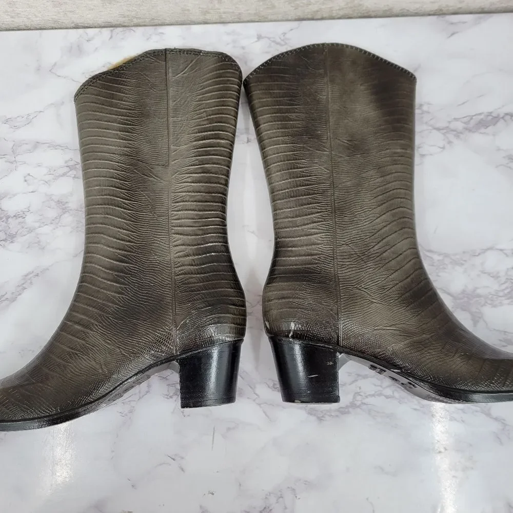 Andrew Geller Vintage Gray Lizard Embossed Heeled Rubber Rain Boots